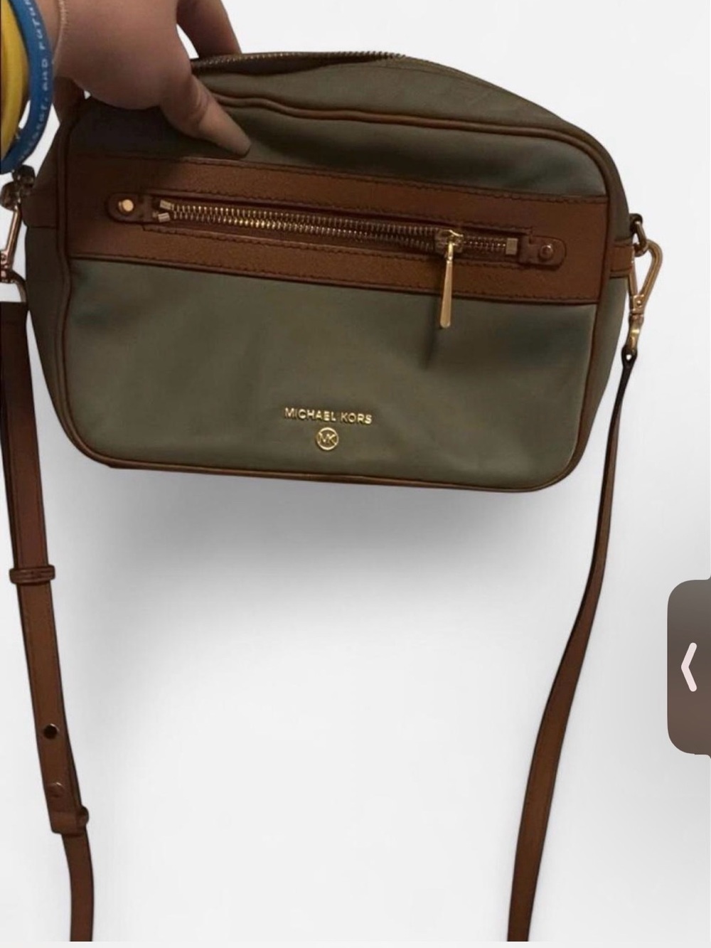 Michael Kors Olive and Brown Leather-Trim Crossbody Camera Bag